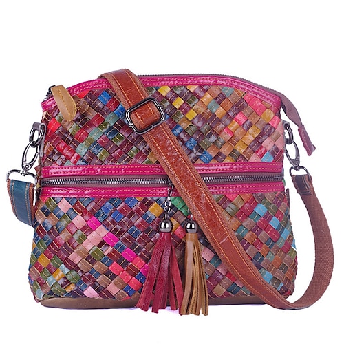 Bunte Patchwork-Umhängetasche aus Leder für Damen - Handtasche im Bohème-Stil mit floralen Akzenten