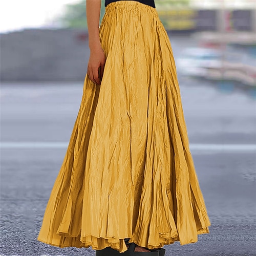 Langer Damenrock mit elastischer Taille, A-Linie, plissiert, cremefarben, leicht, lässig, Frühling/Sommer, vielseitige, fließende Hose Image