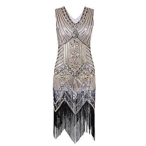 Goldene Zwanziger 1920er Knielang Kleid Flapper Kleid Abschlussballkleid Ärmellos Der große Gatsby Charleston Hochzeitsgast Quastenfransen V Ausschnitt Kostüm Damen Abschlussball Abendgesellschaft Image