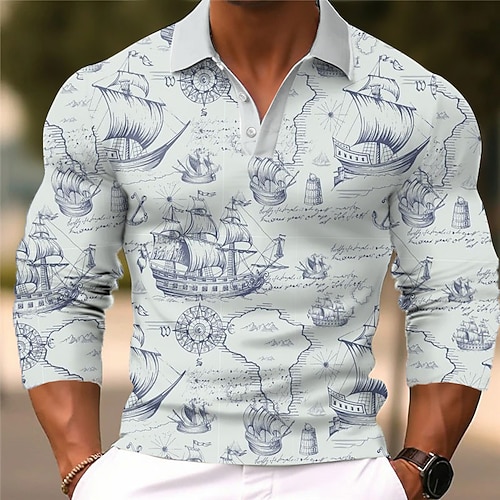 Kentucky Derby Herren Nautisch Hawaiianische Polohemden Golfshirt Langarm Polo-Shirts Hemden mit Kragen Lässig Strandbekleidung Urlaubskleidung Tropenkleidung Party-Outfits 3D-Druck Knöpfe Herbst Image