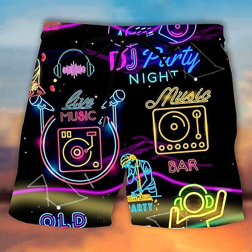 Herren Graffiti Musikinstrument Neon Badeshorts Boardshorts Badeshorts Badehose Schwimmshorts Mittlere Taillenlinie Hawaiianisch Brautkleider schlicht Festtage Strand Kordelzug mit Mesh-Futter Image