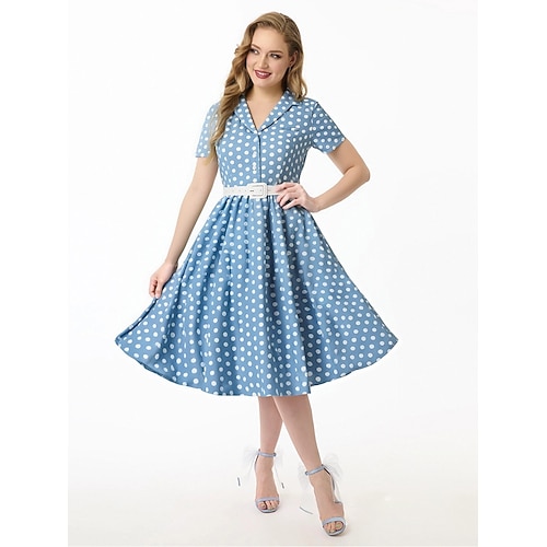 Retro Vintage 1950er Rockabilly Knielang Swing-Kleid Ausgestelltes Kleid Hemdkleid Mit Gürtel Tupfen Kostüm Damen Karneval Maskerade Urlaub Party / Abend Alltagskleidung Erwachsene Kleid Frühling Image