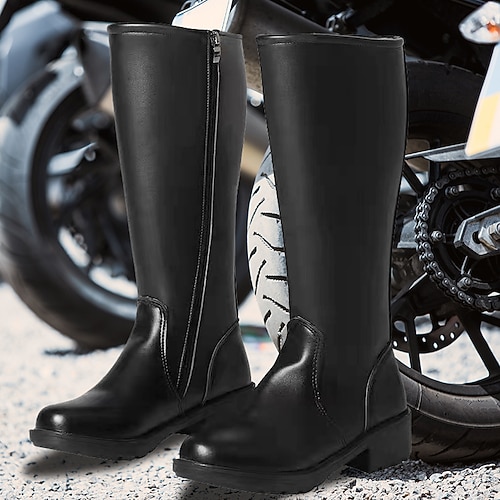 Schwarze Motorradstiefel aus Kunstleder für Herren mit seitlichem Reißverschluss, klassische kniehohe Reitstiefel für Biker und Freizeit Image