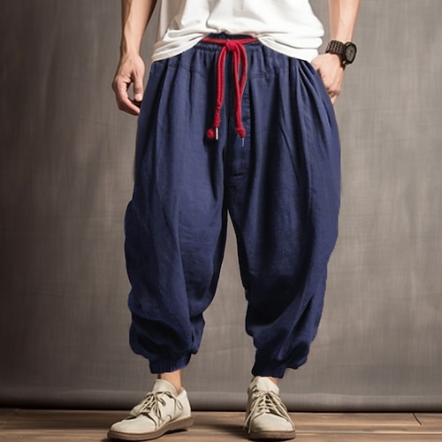 Herren Leinenhosen Hose Sommerhose Lange Unterhosen Kordelzug Elastischer Bund Tiefbund Einfach Komfort Weich Outdoor Täglich Ausgehen Mode Lässig Armeegrün Marineblau Image