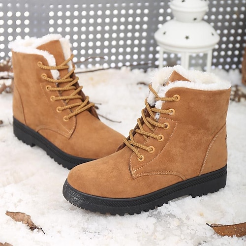 Damen Stiefel Schneestiefel Outdoor Täglich Einfarbig Mit Fleece Futter Stiefeletten Flacher Absatz Runde Zehe Lässig Kunstwildleder Schnürung Schwarz Rot Blau Image