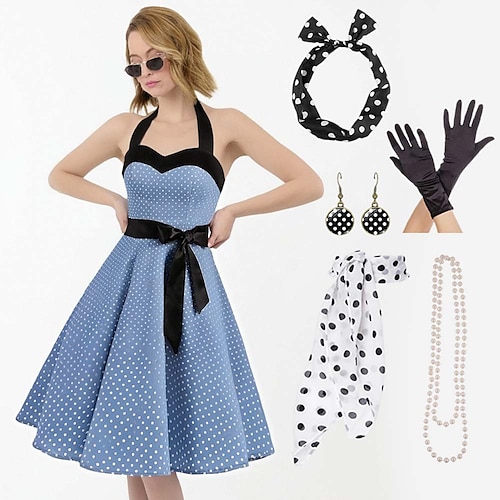 1950er Jahre Grease Outfits Vintage Inspiriertes A-Linien Kleid Swing Kleid Accessoires Set Schwingkleid Damen Kostüm Vintage Cosplay Date Party Abend Festival A-Linien Seidenschal