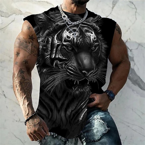 Herren Grafik Tiermotiv Tiger Weste Ärmelloses T-Shirt für Herren Ärmellos T-Shirt 3D-Druck Rundhalsausschnitt Hemd Mode Designer Muskel Täglich Sport Fitnessstudio Blau Rot Orange Frühling Sommer Image