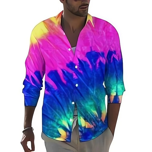 Herren Regenbogen Geometrisches Muster Hemd Knopfhemd Langarm Mode Streetwear Designer Lässig Täglich Ausgehen Herbst Winter Umlegekragen Druck Rosa Regenbogen Blau Blau Leicht Blau Image