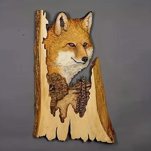 Tierschnitzerei, handgefertigte Wandbehangskulptur, handbemalte Dekoration aus Holz, Waschbär, Bär, Hirsch, für das Wohnzimmer zu Hause Image