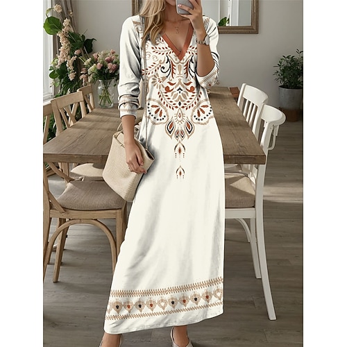 Damen Maxikleid Freizeitkleid T-Shirt Kleid Tee Kleid Floral Tribal Taschen Druck V-Ausschnitt Langkleid Maxikleid Vintage Ethnisch Date Urlaub Langarm Herbst Winter Image