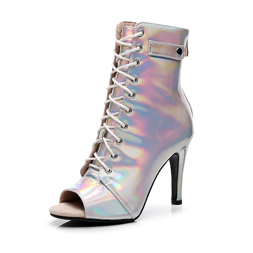 Schwarze Tanzstiefel mit Schnürung und Peep-Toe für Damen mit Stilettoabsatz, stylische High Heels für Standard- und lateinamerikanische Tänze Image