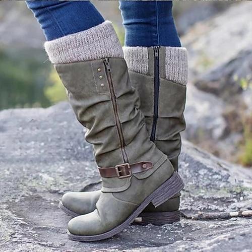 Damen Stiefel Springerstiefel Pulloverstiefel Reitstiefel Täglich Gehen Feste Farbe Kniehohe Stiefel Schnalle Blockabsatz Runde Zehe Vintage Brautkleider schlicht Komfort Wanderschuhe PU
