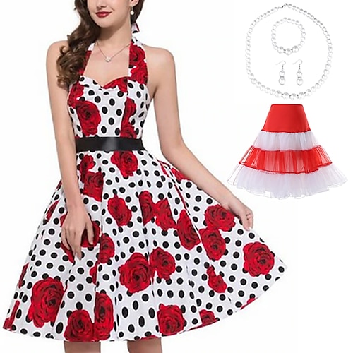 Retro Vintage 1950er Jahre Grease Outfits Rockabilly Petticoat Hoops Rock A-Linien Kleid Tutu Floral Polka Dot Schickes Kleid Damen Party Abend Maskerade Erwachsenen Kleid Ohrringe Halskette Image