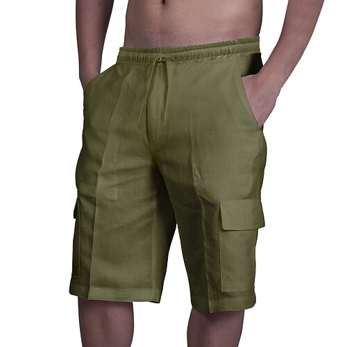 Herren Cargo-Shorts Shorts Leinenshorts Sommershorts Strandshorts Kordelzug Elastischer Bund Mehrere Taschen Einfach Knielang Strand Hawaiianisch Lässig Schwarz Weiß Unelastisch Image