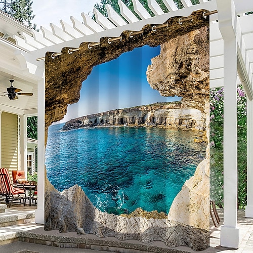 Wasserdichter Outdoor Vorhang Sichtschutzvorhang für den Außenbereich, Schiebevorhänge für die Terrasse, Pergola-Vorhänge mit Ösen, 3D-Waldlandschaft für Pavillon, Balkon, Veranda, Party, 1 Panel Image