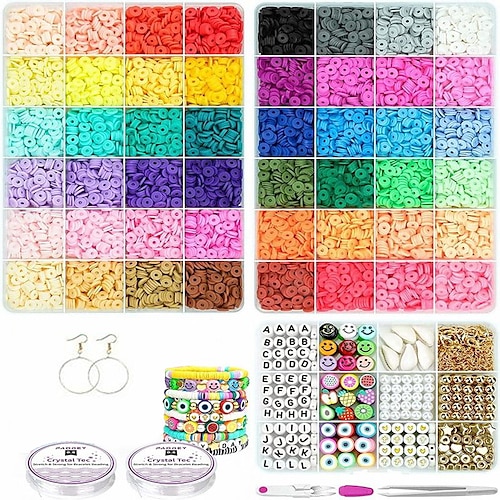 12000 Stück Tonperlen für die Armbandherstellung, Paodey, 48 Farben, 3 Boxen, flache Tonperlen, Heishi-Perlen mit Anhänger-Charm-Set und elastischen Schnüren für die Schmuckherstellung, Armbänder, Halsketten, Geschenksets Image