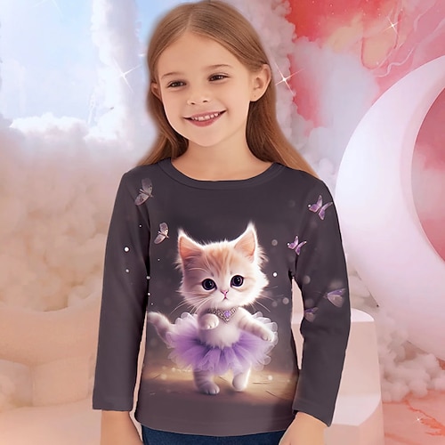 Mädchen 3D Graphic Karikatur Katze T-Shirt Langarm 3D-Druck Sommer Herbst Aktiv Modisch Kuschelig kinderkleidung 3-12 Jahre Outdoor Casual Täglich Regular Fit Image