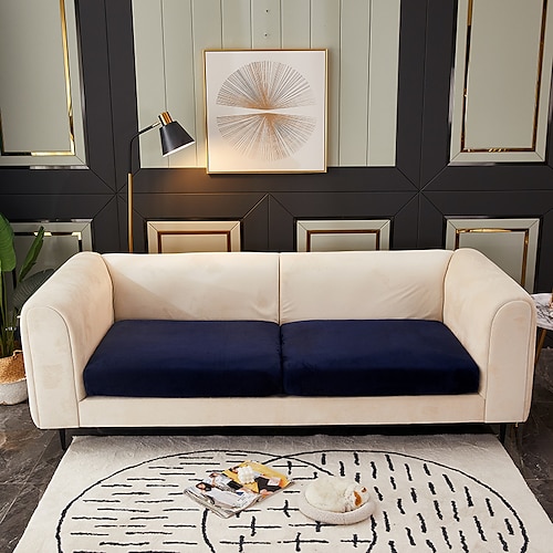 Stretch-Sofa-Sitzkissenbezug, Samt-Schonbezug, elastischer Couch-Sessel, Loveseat, 4- oder 3-Sitzer, grau, weinrot, rot, schwarz, blau, einfarbig, weich, strapazierfähig, waschbar Image