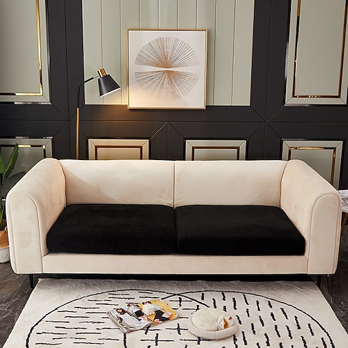 Stretch-Sofa-Sitzkissenbezug, Samt-Schonbezug, elastischer Couch-Sessel, Loveseat, 4- oder 3-Sitzer, grau, weinrot, rot, schwarz, blau, einfarbig, weich, strapazierfähig, waschbar Image