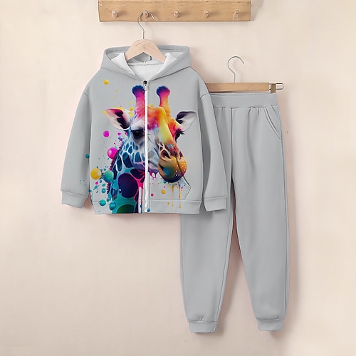 Mädchen 3D Giraffe Set aus Kapuzenpullover und Jogginghose Langarm 3d Drucken Herbst Winter Aktiv Modisch Kuschelig kinderkleidung 3-12 Jahre Reissverschluss Mit Kapuze Outdoor Strasse Regular Fit Image