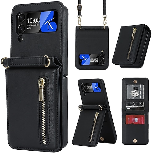 Handy Hülle Handyhüllen Für Samsung Galaxy Z Flip 7 Z Flip 6 Z Flip 5 Z Flip 4 Z Flip 3 Handtasche Brieftaschenhülle Reisverschluss Mit Abnehmbarem Schultergurt Mit Kartenhalter Einfarbig PC PU-Leder Image