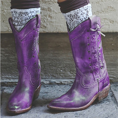 Damen Stiefel Cowboy Westernstiefel Übergrössen Outdoor Arbeit Täglich Stiefel mit mittlerer Wade Niete Schnürsenkel Blockabsatz Spitze Zehe Elegant Modisch Klassisch PU Halbschuhe Schwarz Rot Blau Image