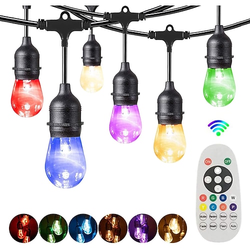 Globus-Lichterketten 15 m 15 LEDs im Freien RGB-Farbwechsel 0,5 W S14 Edison bruchsichere Kunststoffbirnen IP65 wasserdicht mit Fernbedienung geeignet für Hof-Veranda-Café-Hinterhof-Garten Image