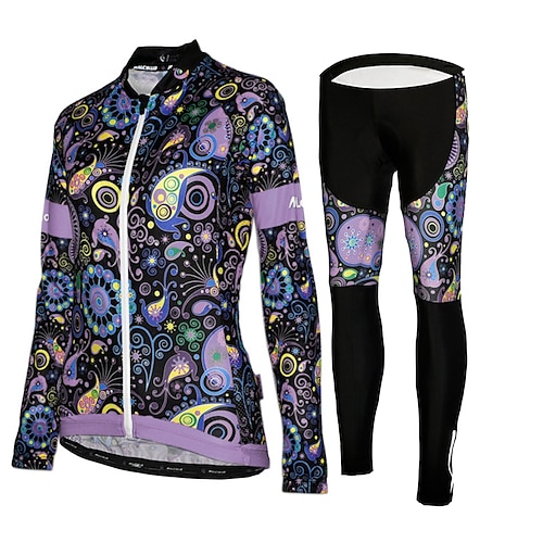 Damen Langarm Fahrradtrikots mit Fahrradhosen Winter Gitter Lycra Polyester Grün Schwarz Purpur Blumen Pflanzen Lustig Fahhrad Trikot / Radtrikot Strumpfhosen / Lange Radhose UV-beständig 3D-Pad Image