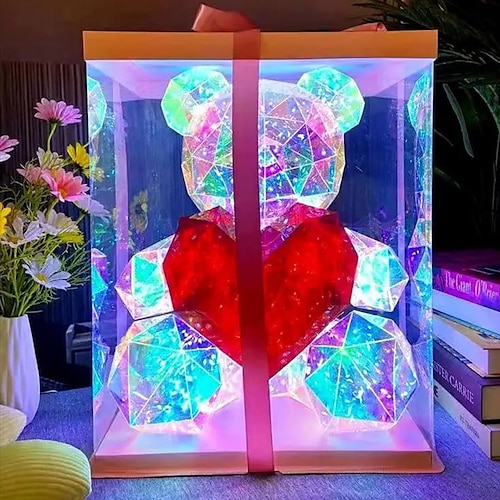 Valentinstagsgeschenke für Frauen Mama sie wunderschöner leuchtender LED-Teddybär mit einem pinken Herzen ewige Geschenke für Jubiläum und Geburtstag 10-Zoll-Stimmungslichter-Galaxie-Lampe - mit Image