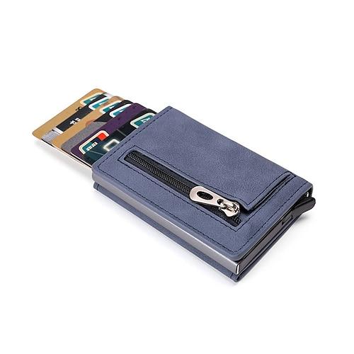 Herren Geldbörse RFID-Kartenhalter Brieftasche Antidiebstahl Aluminium Box Kartenhalter PU-Leder Pop-up Kartenetui Magnet Münztasche