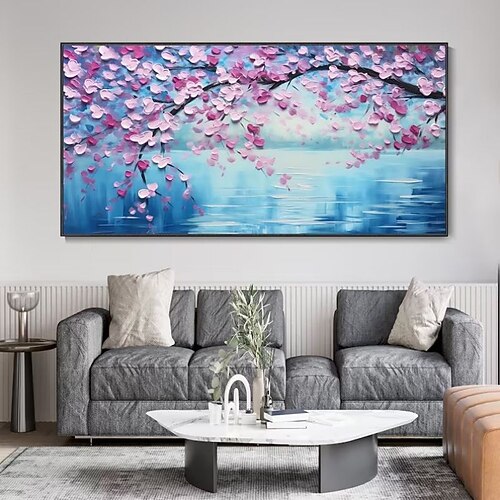 Handgefertigtes Ölgemälde auf Leinwand, Wandkunst, Dekoration, moderne Blumen, Pfirsichblüten-Landschaft für Heimdekoration, gerolltes, rahmenloses, ungedehntes Gemälde Image