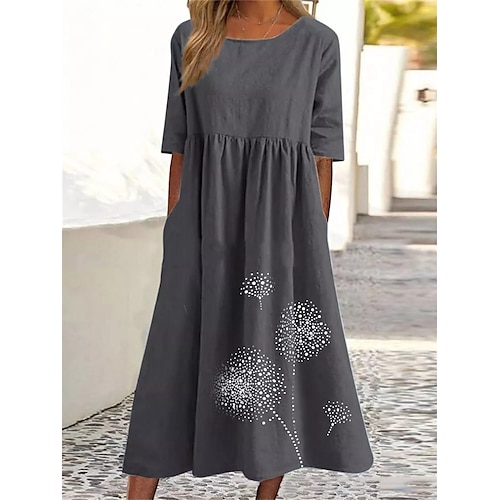 Damen Maxikleid Baumwoll Mischung Shiftkleid Freizeitkleid Tunika-Kleid Basic Lässig Reifen Täglich Outdoor Urlaub Lässiger Schnitt Löwenzahn Halbarm Rundhalsausschnitt Blau Armeegrün Schwarz Rosa Image