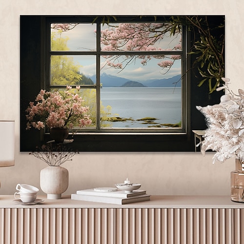 Landschafts-Wandkunst-Leinwand, falsches Fenster, Frühling, Kirschblüten, Drucke und Poster, Bilder, dekorative Stoffmalerei für Wohnzimmer, Bilder ohne Rahmen Image