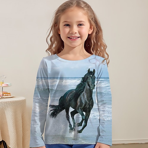 Mädchen 3D Pferd T-Shirt Hemd Langarm 3D-Druck Frühling Herbst Aktiv Modisch Kuschelig Polyester kinderkleidung 3-12 Jahre Rundhalsausschnitt Outdoor Casual Täglich Regular Fit Image