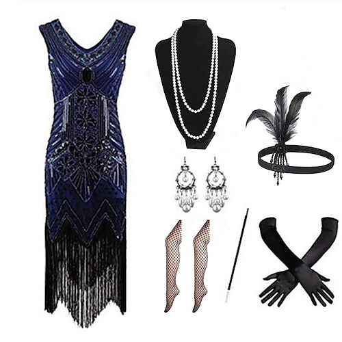 Goldene Zwanziger 1920er Knielang Flapper Kleid Outfits Flapper-Stirnband Ärmellos Der große Gatsby Hochzeitsgast Pailletten Quastenfransen V Ausschnitt Kostüm Damen Weihnachten Karneval Maskerade Image