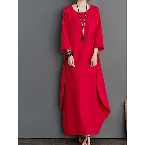 Damen Langes Kleid Maxikleid Baumwoll Mischung Shiftkleid Weißes Kleid Freizeitkleid Streetwear Urlaub Straße Lässiger Schnitt Langarm Rundhalsausschnitt Blau Schwarz Weiß Rote Herbst Winter Image