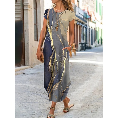 Damen Maxikleid Casual kleid Sommerkleid Kleid drucken Klassisch Brautkleider schlicht Reifen Urlaub Täglich Festtage Regular Fit Blumen Graphic Farbblock Kurzarm Rundhalsausschnitt Schwarz Weiß Gelb Image