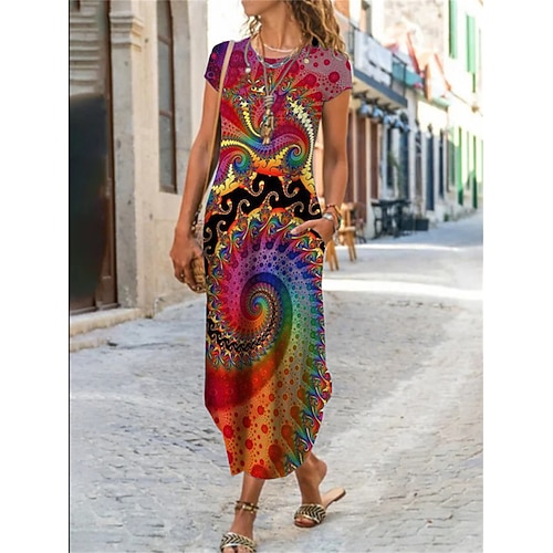 Damen Maxikleid Casual kleid Sommerkleid Kleid drucken Klassisch Brautkleider schlicht Reifen Urlaub Täglich Festtage Regular Fit Blumen Graphic Farbblock Kurzarm Rundhalsausschnitt Schwarz Weiß Gelb Image