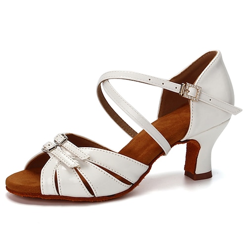 Latein-Tanzschuhe aus Satin für Damen hellbraune Ballsaal-Pumps mit offener Spitze, gekreuzten Riemen und Schnallenverschluss – ideal für Salsa, Tango und Schautanz Image