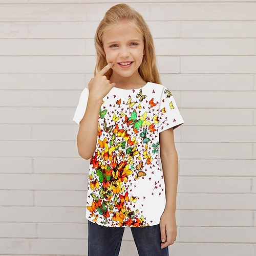 Mädchen 3D Tiermotiv Schmetterling T-Shirt Kurzarm 3D-Druck Sommer Frühling Aktiv Mode Niedlich Kinder 3-12 Jahre Outdoor Täglich Innen Normale Passform Image