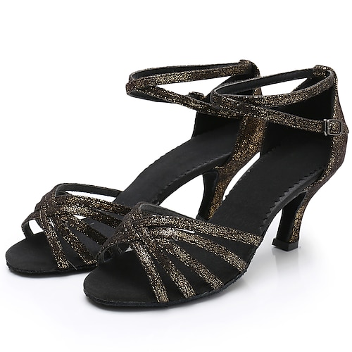Schwarze Glitzer-Lateinamerika-Tanzschuhe für Damen – Riemchen-Ballsaal-Pumps mit offenem Zehenbereich, Knöchelriemen und bequemer Wildledersohle, perfekt für Salsa-, Lateinamerika- und Tango-Tanz Image