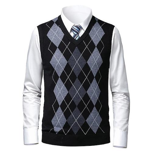 Herren Pullover Pullunder Zur Seite fahren Gerippt Stricken Strick Plaid V Ausschnitt Stilvoll Casual Freizeitskleidung Urlaub Bekleidung Frühling Herbst Kamel Schwarz S M L