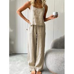 Damen-Pyjama, zweiteilige Sets, schlicht, bequem, reine Farbe, Baumwoll-Leinen-Sets, Trägertop, Zuhause, Alltag, Bett, ärmellos, Träger, weiß, blau, hellgrau, dunkelgrau, Sommer