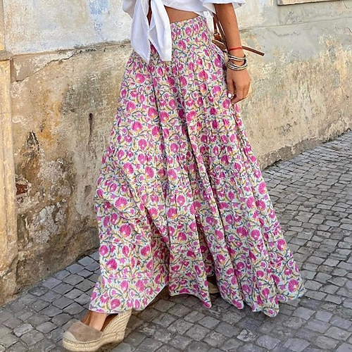 Damen Swing Langer Rock Böhmen Maxiröcke Print Blumen Street Urlaub Frühlingamp;Sommermode, Küsten-Oma-Stil, Boho, Pink, Rose Image
