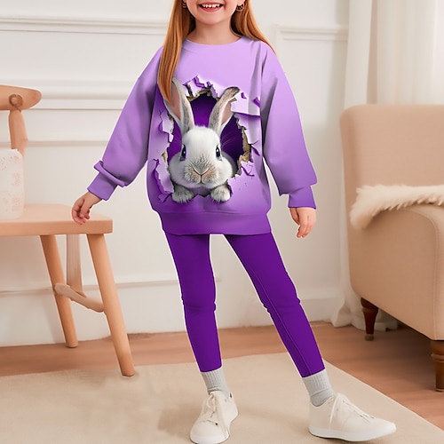 Ostern Mädchen 3D Hase Kaninchen Farbverläufe Set aus Sweatshirt und Leggings Set Langarm 3D-Druck Herbst Winter Aktiv Modisch Täglich kinderkleidung 3-12 Jahre Rundhalsausschnitt Outdoor Urlaub Image