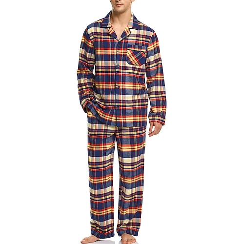 Herren Hausanzug Schlafanzüge Schlafanzug Set Pyjama-Oberteil und Hose 2 Stück Plaid Stilvoll Brautkleider schlicht Komfort Heim Täglich Baumwolle Komfort Kargen Langarm Hemd Hose Kordelzug Image