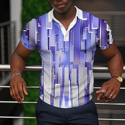 Herren Geometrisch Waffel-Poloshirts Golfshirt Kurzarm Polo-Shirts Hemden mit Kragen Lässig Urlaubskleidung Formelle Kleidung Festivalkleidung 3D-Druck Knöpfe Blau Gelb Violett Image