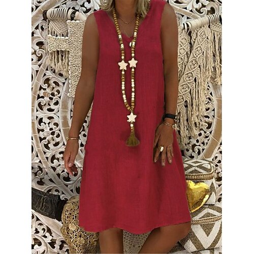 Damen Minikleid Kunstbaumwollleinen Sommerkleid Lässig Täglich Strand Urlaub Normale Passform Einfach Ärmellos V Ausschnitt Blau Schwarz Gelb Wein Sommer Frühling Image