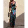 Damen kleid lang Casual kleid Boho Chic Kleider Böhmen Maxi A-Linie Urlaub Festtage Schlank Blumen Tropisch Ärmellos V Ausschnitt Schwarz Weiß Blau Sommer
