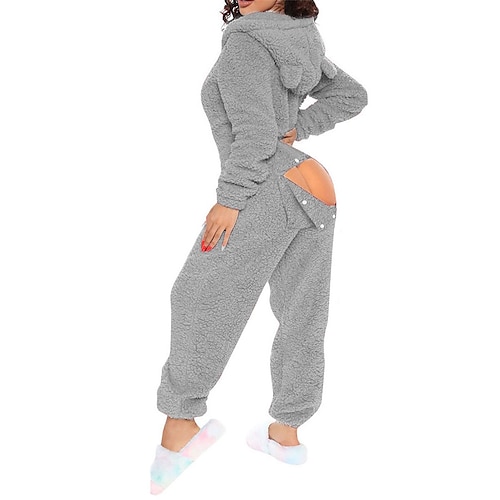 Damen-Onesie, reine Farbe, warm, modisch, Plüsch, für zu Hause, tägliches Bett, Sherpa, warmer Hoodie, lange Ärmel, Loch, Herbst-Winter-Home-Outfits Image